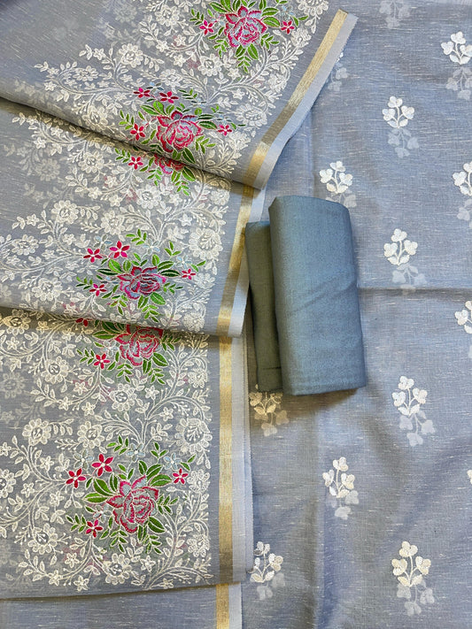 Grey Linen Banarasi 3 pcs Suit Set with Embroidery Dupatta 1100SKL_LN6