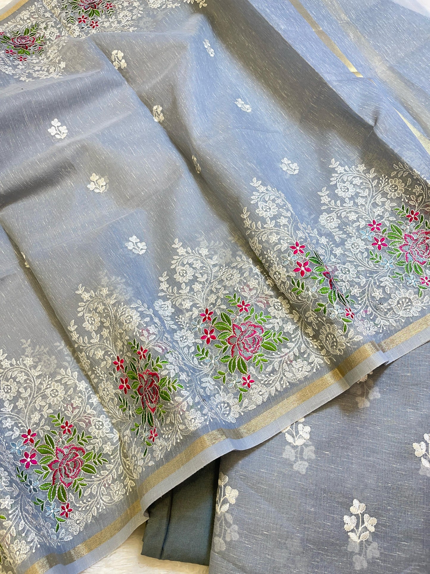 Grey Linen Banarasi 3 pcs Suit Set with Embroidery Dupatta 1100SKL_LN6
