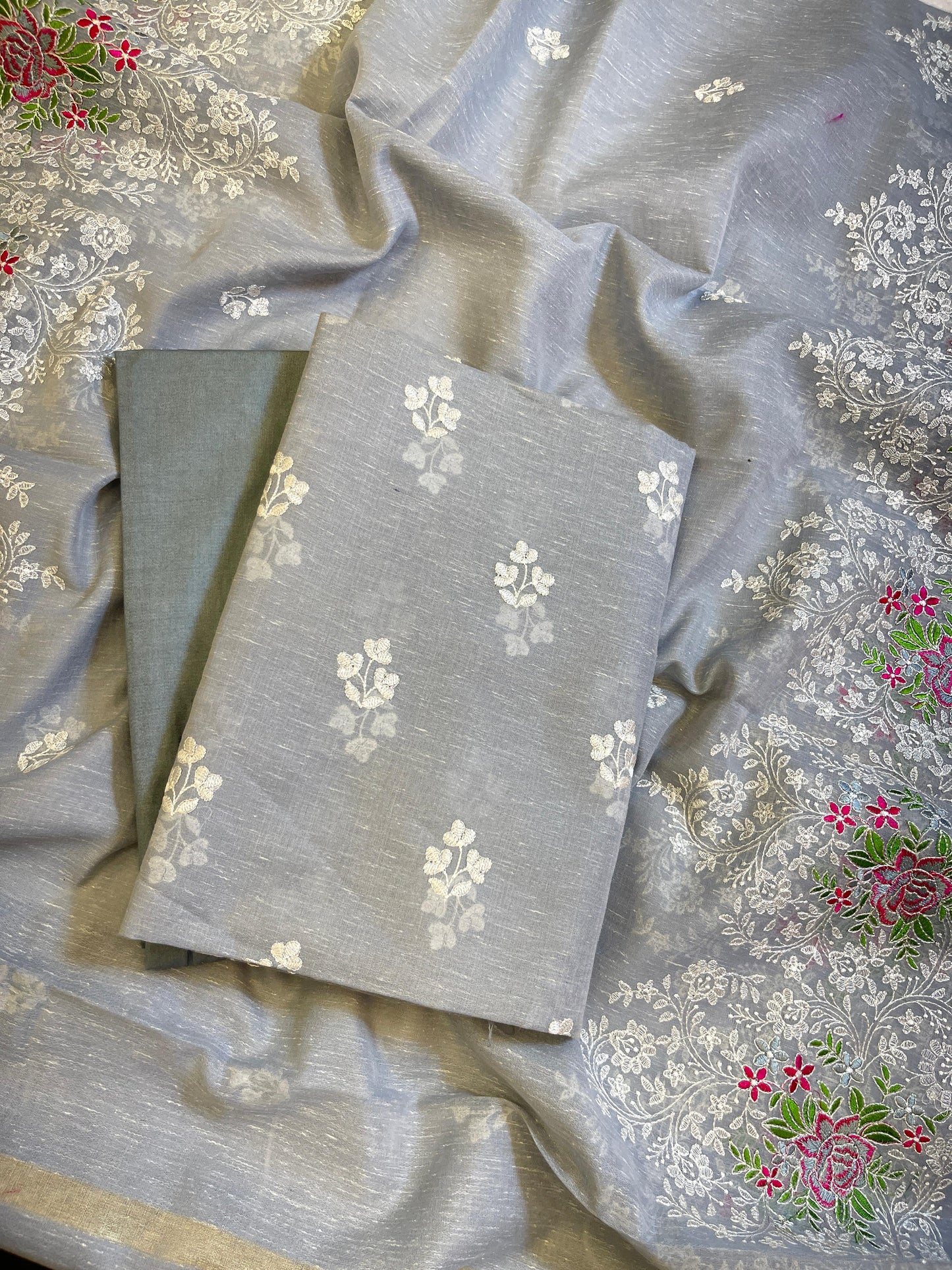 Grey Linen Banarasi 3 pcs Suit Set with Embroidery Dupatta 1100SKL_LN6