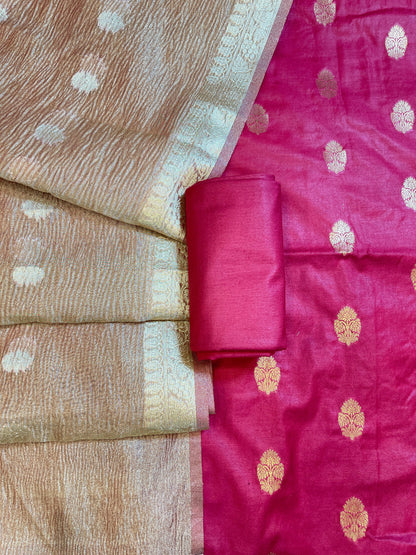 Magenta Pure Mercerise Silk Banarasi 3 pcs Suit Set with Crush Tissue Dupatta 1000SKL_PM8