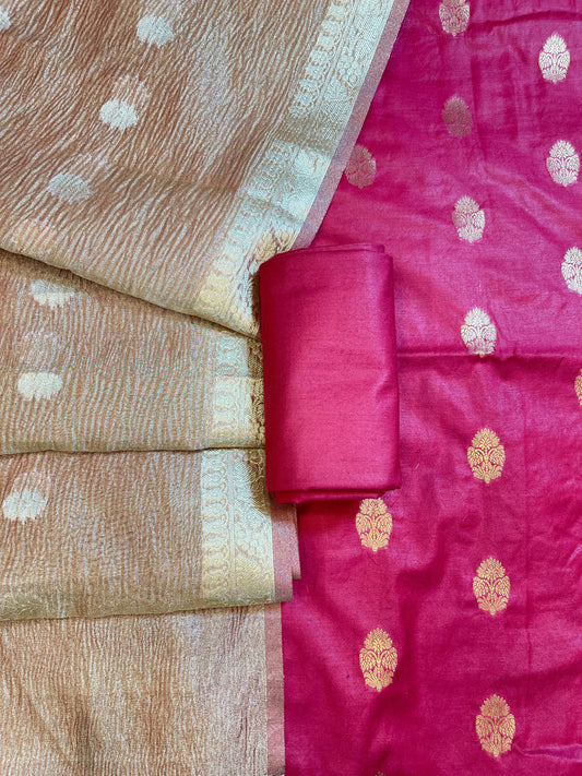 Magenta Pure Mercerise Silk Banarasi 3 pcs Suit Set with Crush Tissue Dupatta 1000SKL_PM8