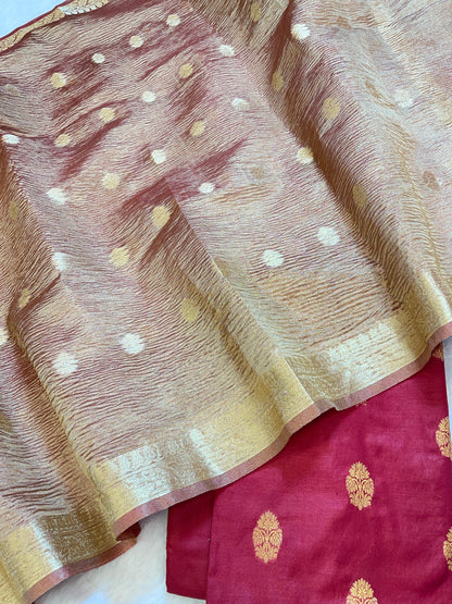 Magenta Pure Mercerise Silk Banarasi 3 pcs Suit Set with Crush Tissue Dupatta 1000SKL_PM8