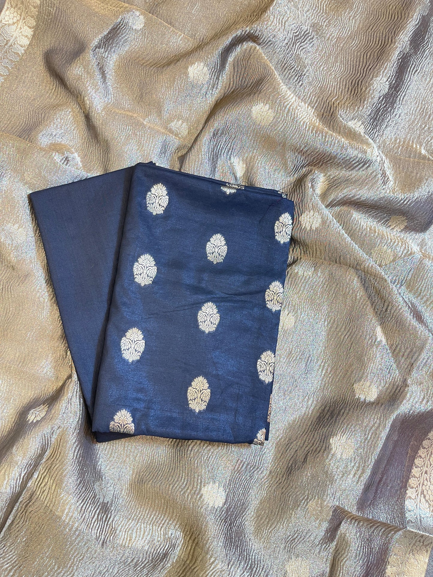 Black Pure Mercerise Silk Banarasi 3 pcs Suit Set with Crush Tissue Dupatta 1000SKL_PM9