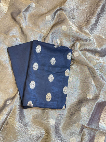 Black Pure Mercerise Silk Banarasi 3 pcs Suit Set with Crush Tissue Dupatta 1000SKL_PM9