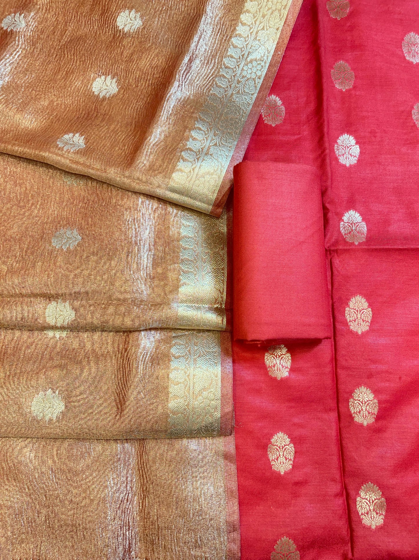 Red Pure Mercerise Silk Banarasi 3 pcs Suit Set with Crush Tissue Dupatta 1000SKL_PM10