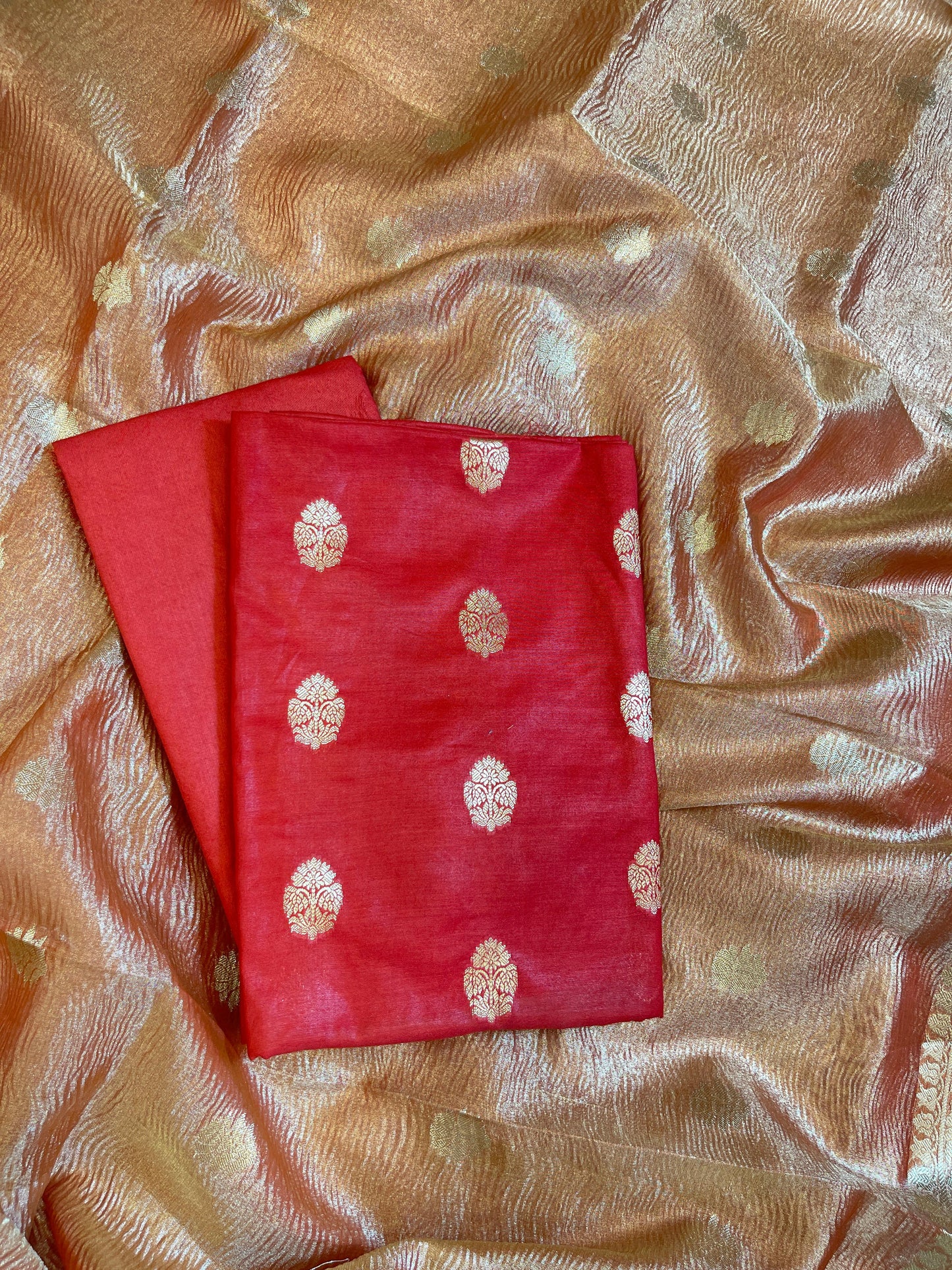 Red Pure Mercerise Silk Banarasi 3 pcs Suit Set with Crush Tissue Dupatta 1000SKL_PM10