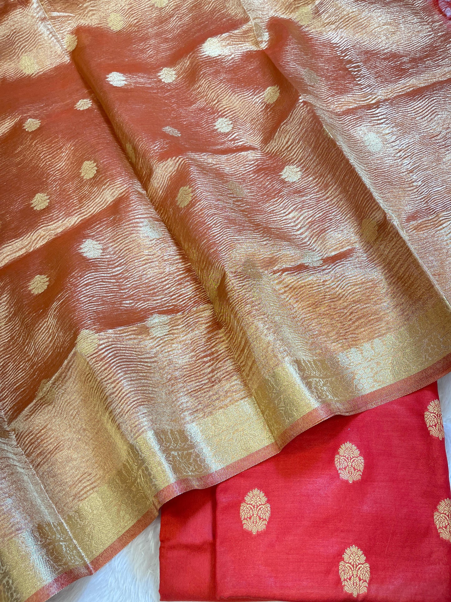 Red Pure Mercerise Silk Banarasi 3 pcs Suit Set with Crush Tissue Dupatta 1000SKL_PM10