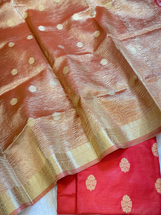 Red Pure Mercerise Silk Banarasi 3 pcs Suit Set with Crush Tissue Dupatta 1000SKL_PM10