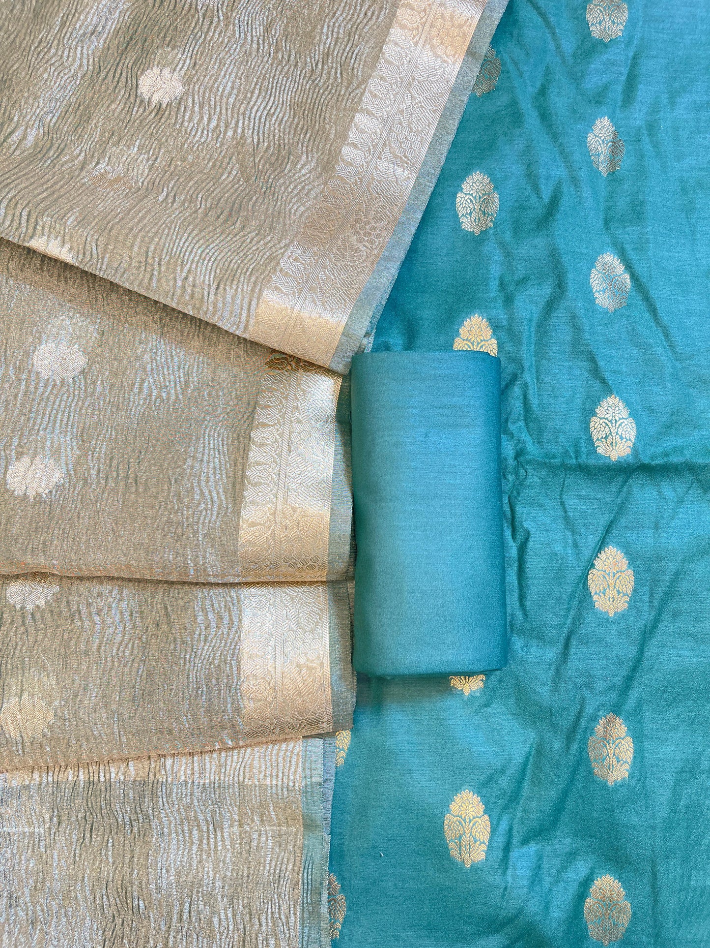 Sea Green Pure Mercerise Silk Banarasi 3 pcs Suit Set with Crush Tissue Dupatta 1000SKL_PM11