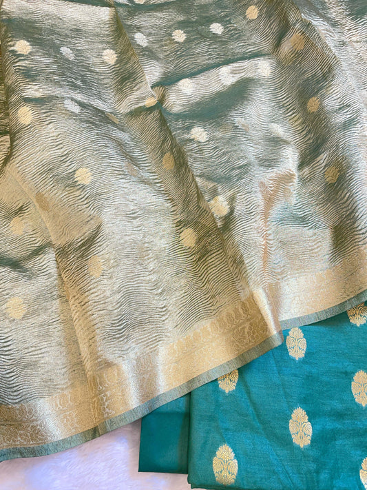 Sea Green Pure Mercerise Silk Banarasi 3 pcs Suit Set with Crush Tissue Dupatta 1000SKL_PM11