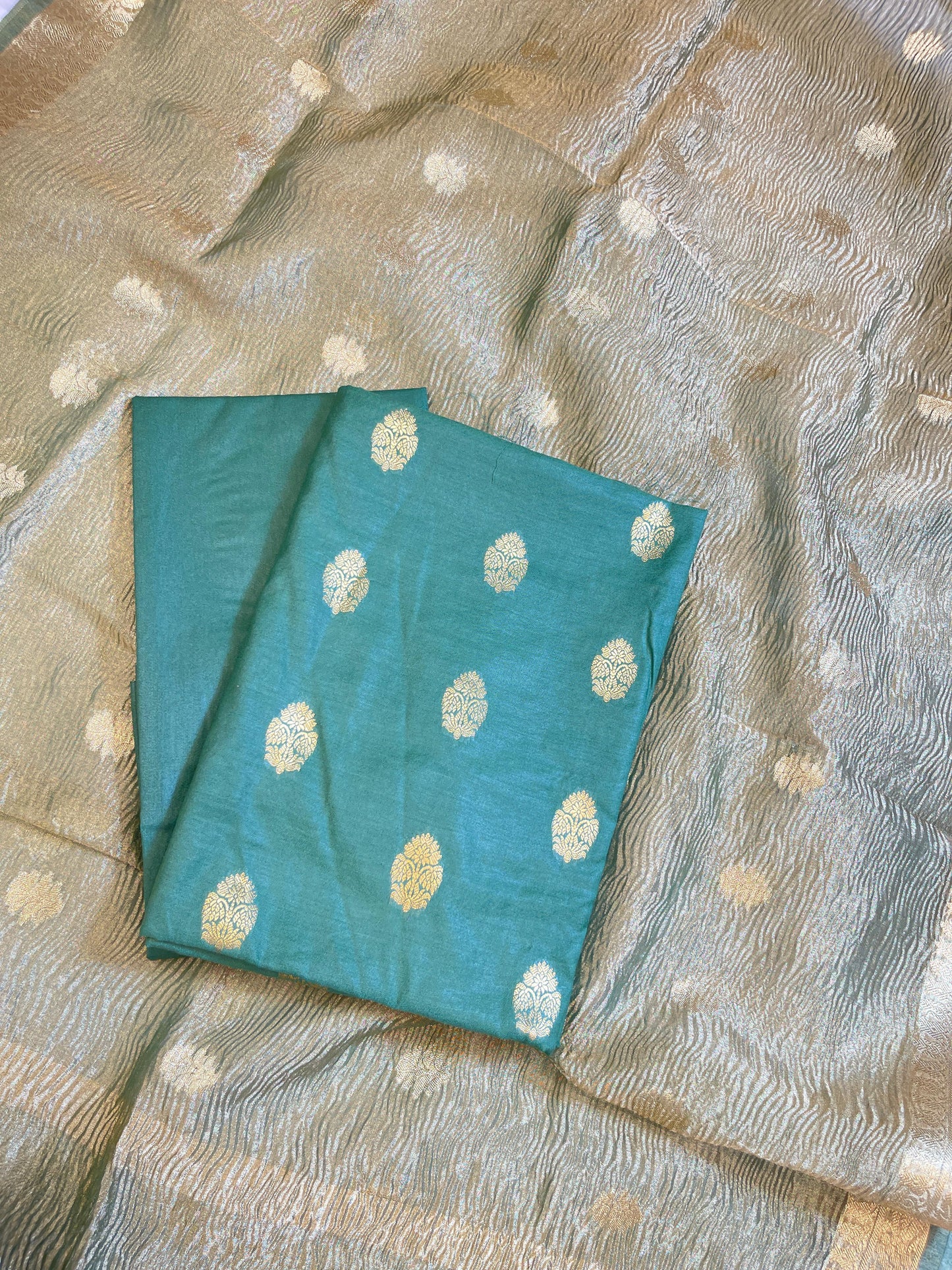 Sea Green Pure Mercerise Silk Banarasi 3 pcs Suit Set with Crush Tissue Dupatta 1000SKL_PM11