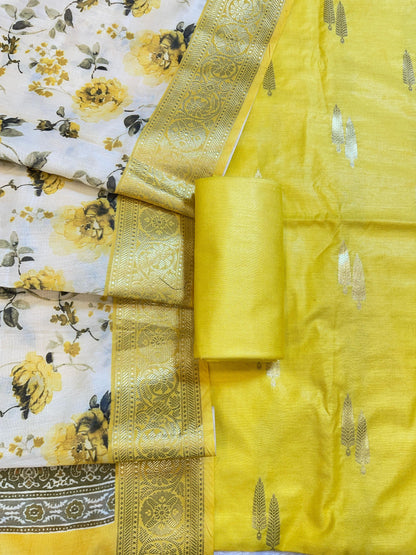 Yellow Pure Mercerise Silk Banarasi 3 pcs Suit Set with Digital Print Dupatta 1000SKL_MP1