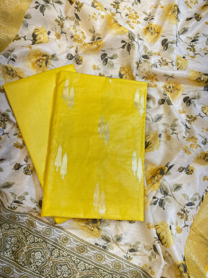 Yellow Pure Mercerise Silk Banarasi 3 pcs Suit Set with Digital Print Dupatta 1000SKL_MP1