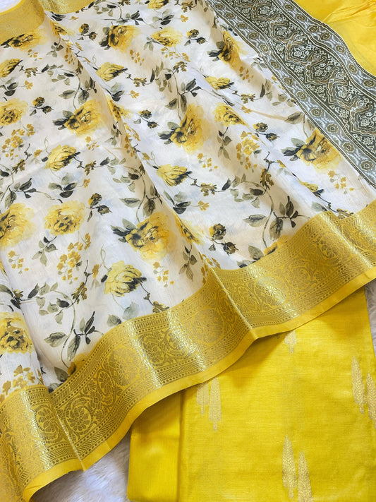 Yellow Pure Mercerise Silk Banarasi 3 pcs Suit Set with Digital Print Dupatta 1000SKL_MP1