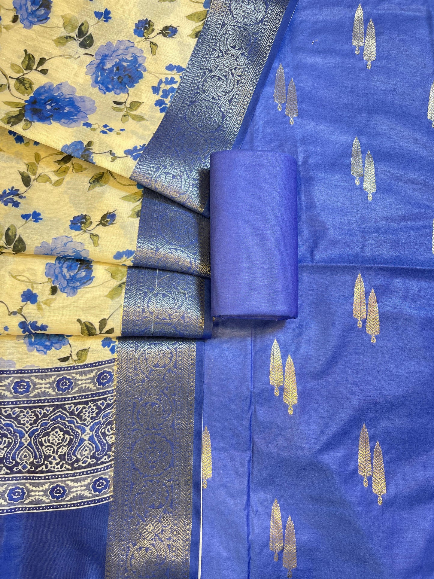 Blue Pure Mercerise Silk Banarasi 3 pcs Suit Set with Digital Print Dupatta 1000SKL_MP5
