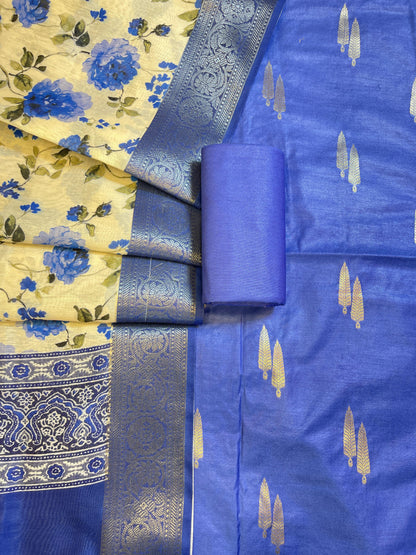 Blue Pure Mercerise Silk Banarasi 3 pcs Suit Set with Digital Print Dupatta 1000SKL_MP5