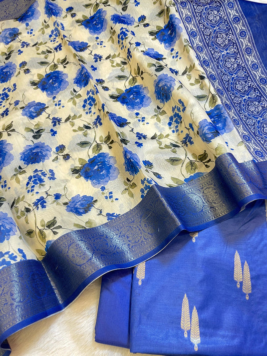 Blue Pure Mercerise Silk Banarasi 3 pcs Suit Set with Digital Print Dupatta 1000SKL_MP5