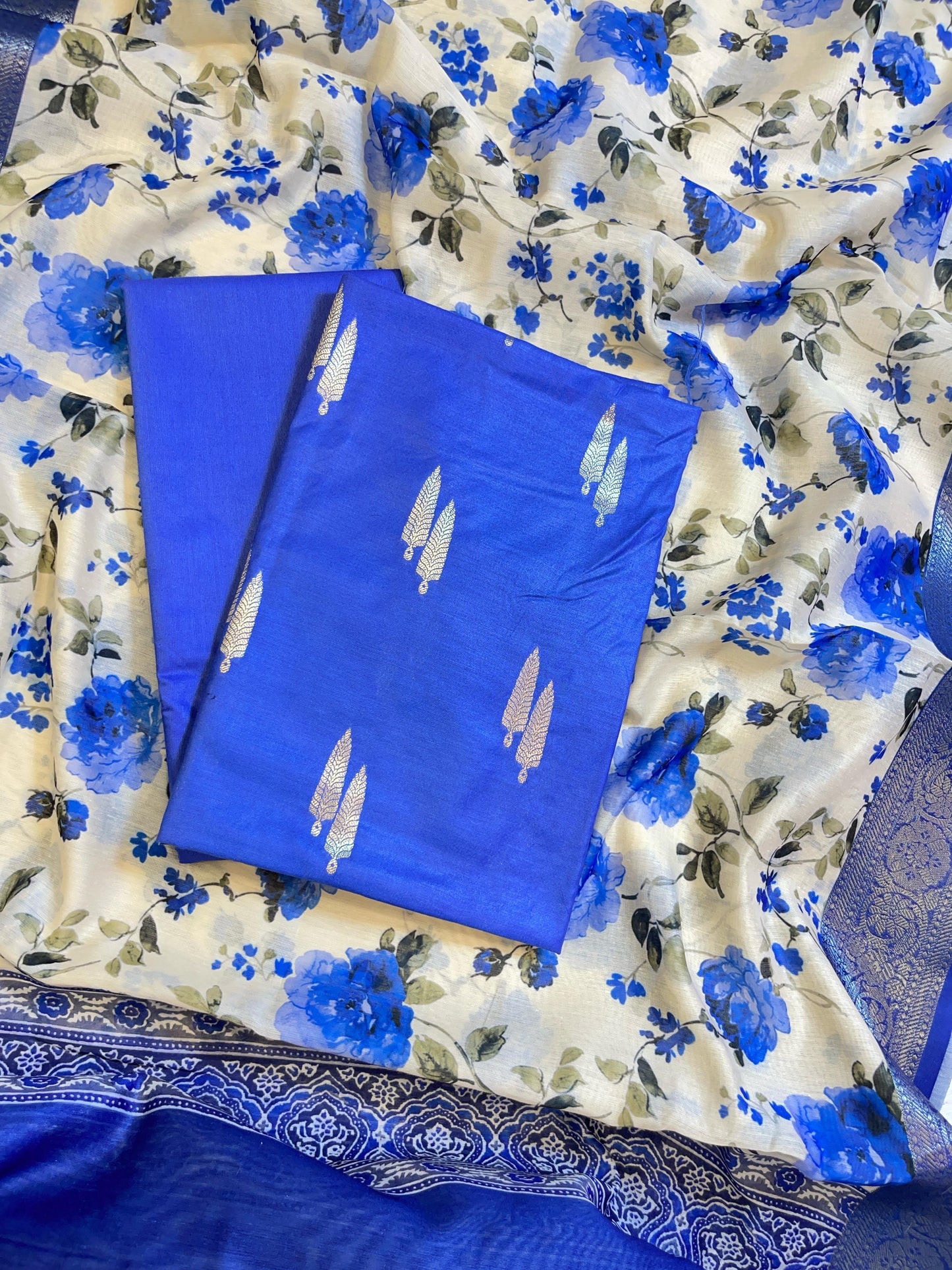 Blue Pure Mercerise Silk Banarasi 3 pcs Suit Set with Digital Print Dupatta 1000SKL_MP5