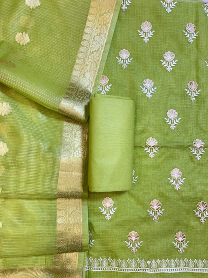 Light Green Kota Check Embroidery Banarasi 3 pcs Suit Set 1000SKL_KC1