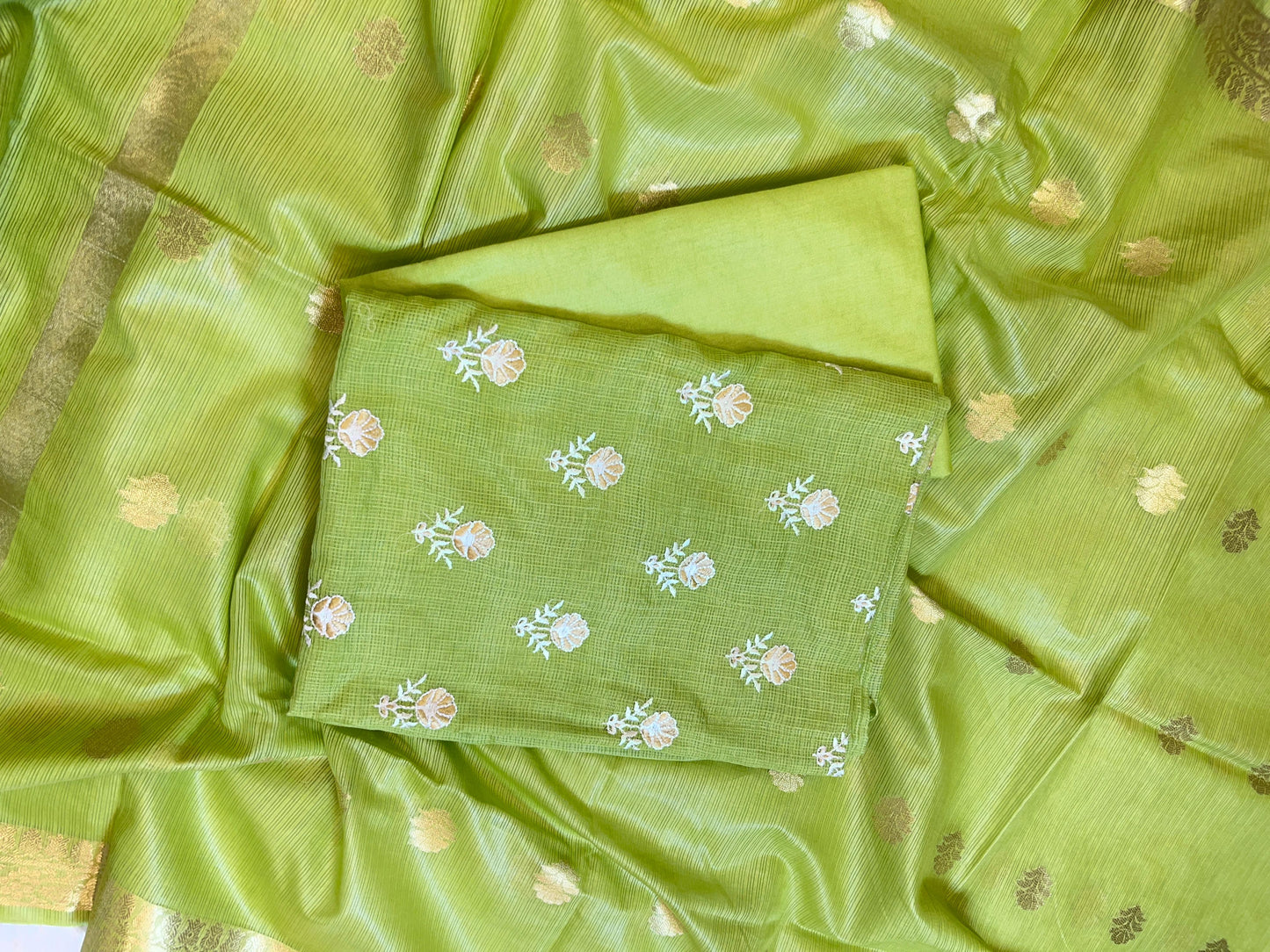 Light Green Kota Check Embroidery Banarasi 3 pcs Suit Set 1000SKL_KC1