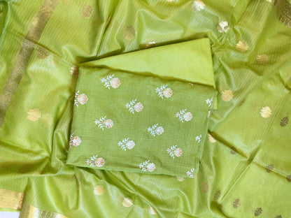 Light Green Kota Check Embroidery Banarasi 3 pcs Suit Set 1000SKL_KC1