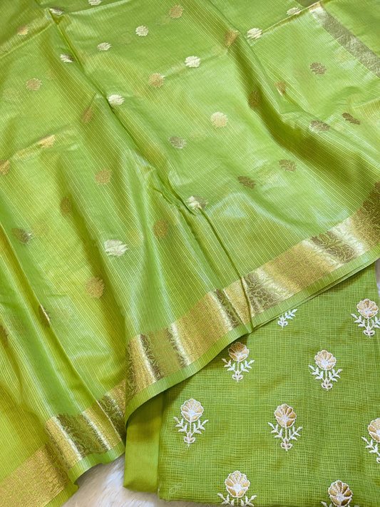 Light Green Kota Check Embroidery Banarasi 3 pcs Suit Set 1000SKL_KC1