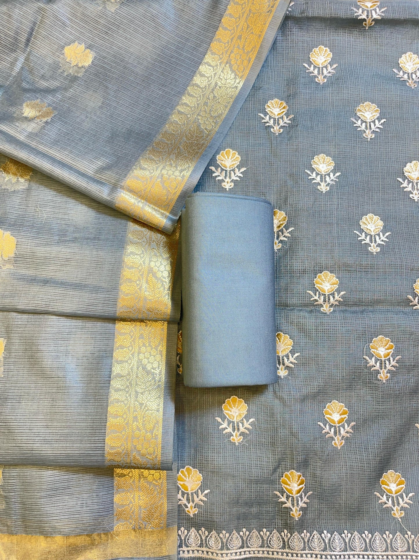 Grey Kota Check Embroidery Banarasi 3 pcs Suit Set 1000SKL_KC2