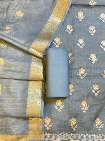 Grey Kota Check Embroidery Banarasi 3 pcs Suit Set 1000SKL_KC2