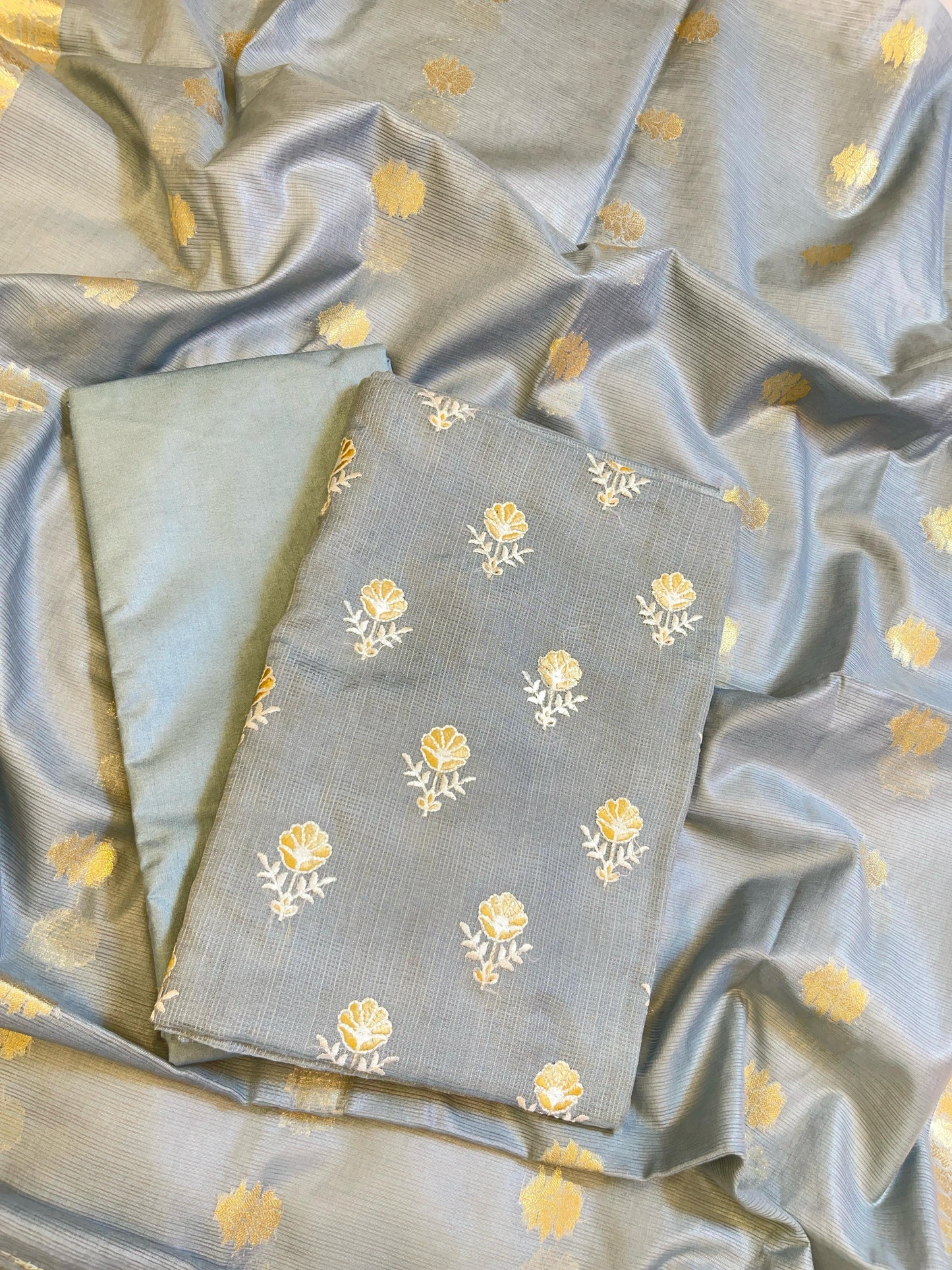 Grey Kota Check Embroidery Banarasi 3 pcs Suit Set 1000SKL_KC2