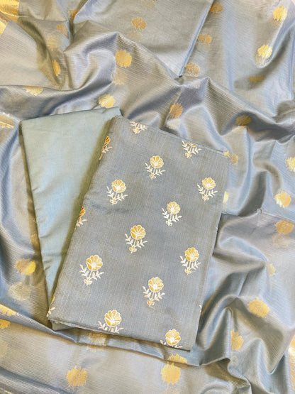 Grey Kota Check Embroidery Banarasi 3 pcs Suit Set 1000SKL_KC2