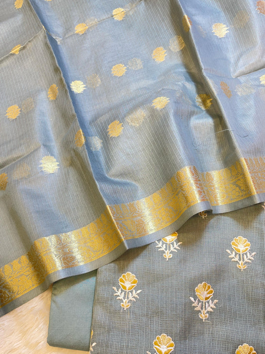 Grey Kota Check Embroidery Banarasi 3 pcs Suit Set 1000SKL_KC2
