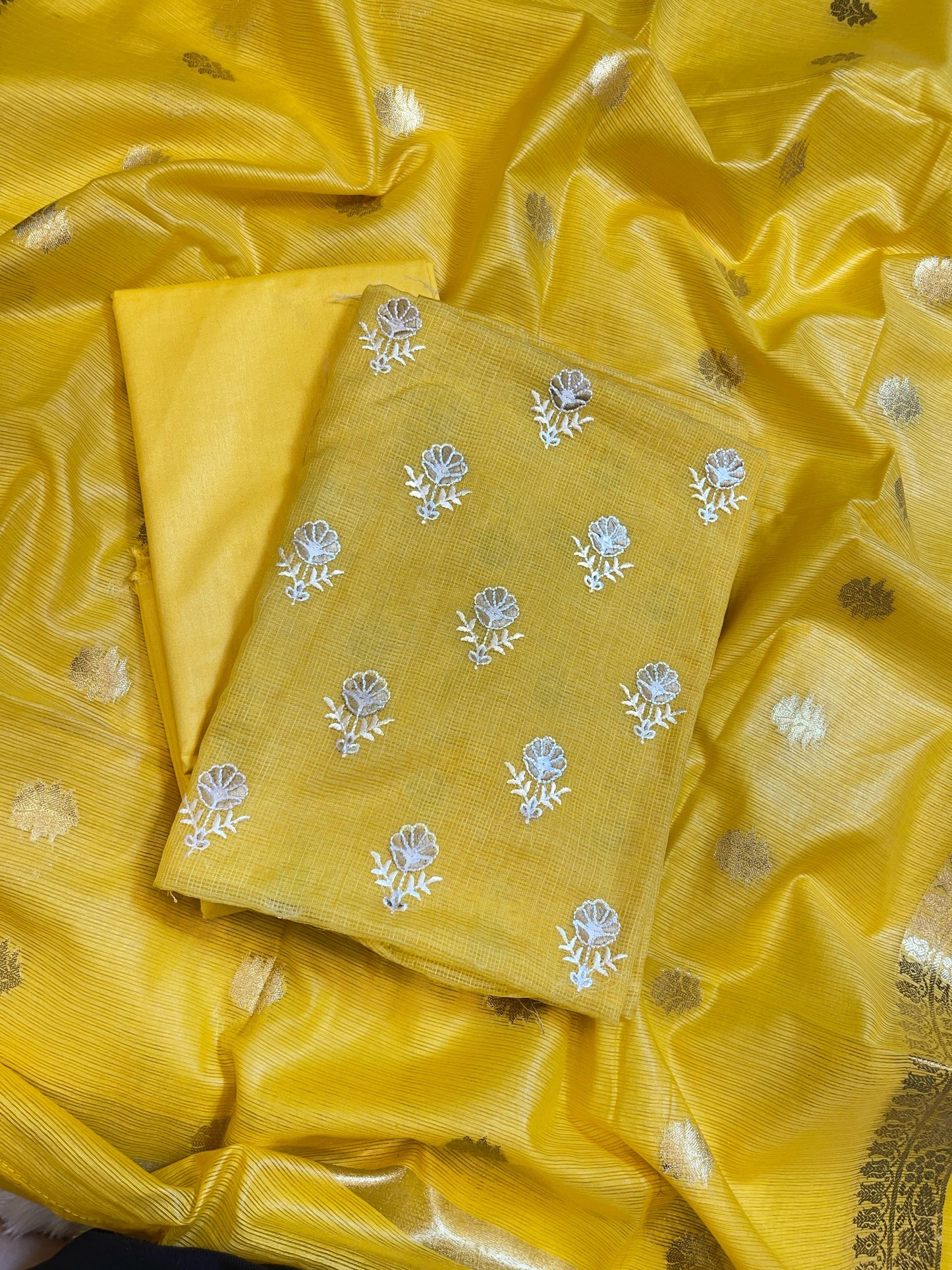 Yellow Kota Check Embroidery Banarasi 3 pcs Suit Set 1000SKL_KC3