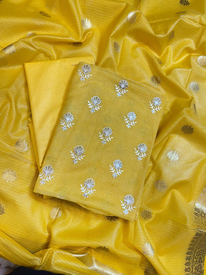 Yellow Kota Check Embroidery Banarasi 3 pcs Suit Set 1000SKL_KC3