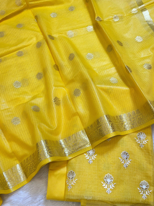 Yellow Kota Check Embroidery Banarasi 3 pcs Suit Set 1000SKL_KC3