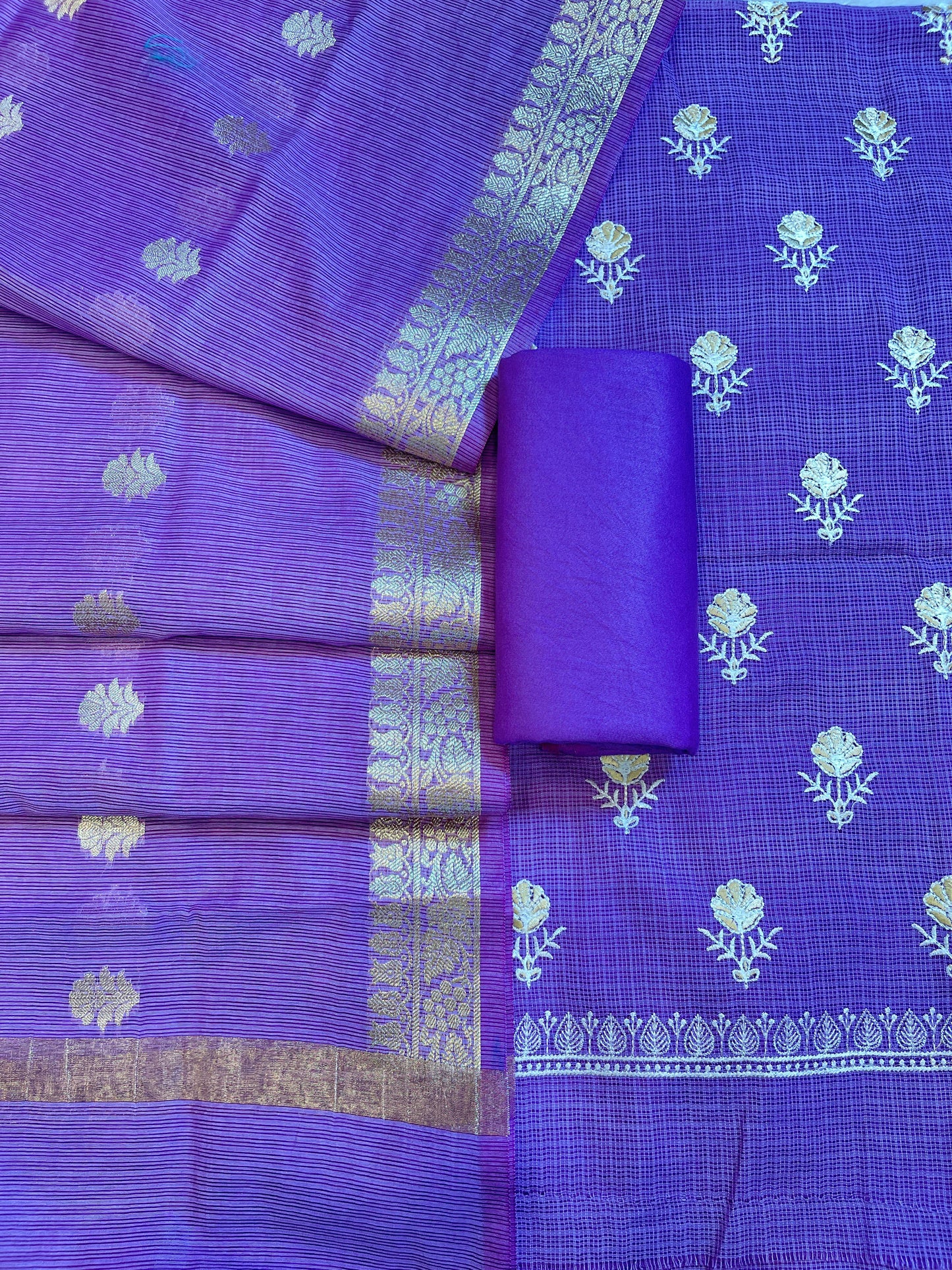 Purple Kota Check Embroidery Banarasi 3 pcs Suit Set 1000SKL_KC4