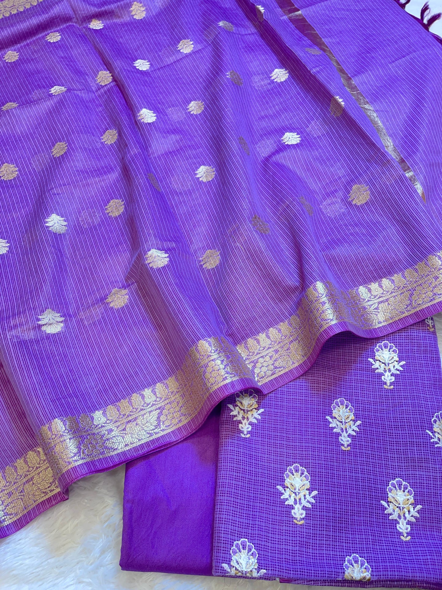 Purple Kota Check Embroidery Banarasi 3 pcs Suit Set 1000SKL_KC4