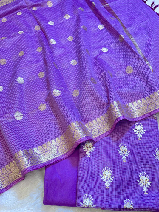 Purple Kota Check Embroidery Banarasi 3 pcs Suit Set 1000SKL_KC4
