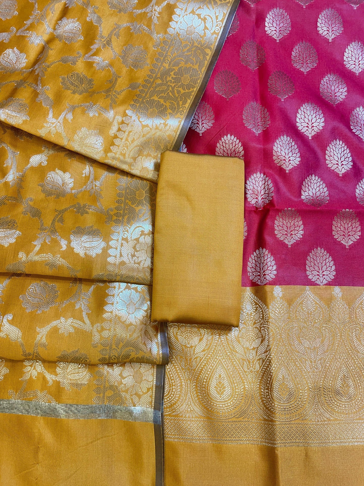 Red Art Silk Floral Zari Boota Contrast Banarasi Suit with Mustard Dupatta 625AJ_TPT11