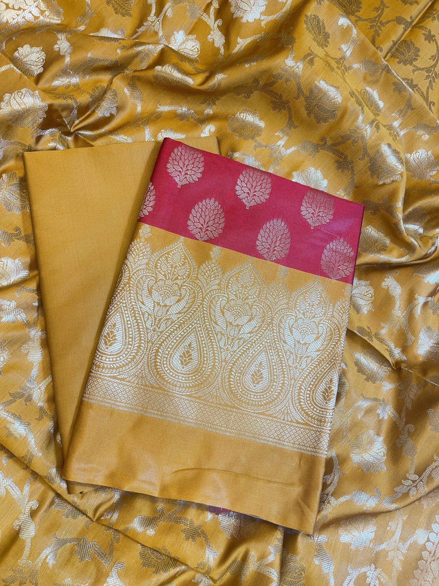 Red Art Silk Floral Zari Boota Contrast Banarasi Suit with Mustard Dupatta 625AJ_TPT11