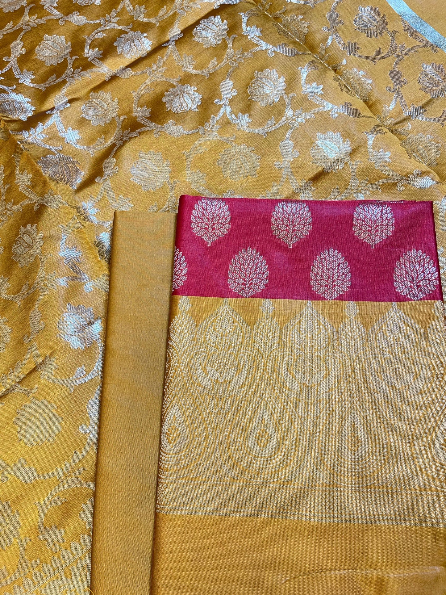 Red Art Silk Floral Zari Boota Contrast Banarasi Suit with Mustard Dupatta 625AJ_TPT11