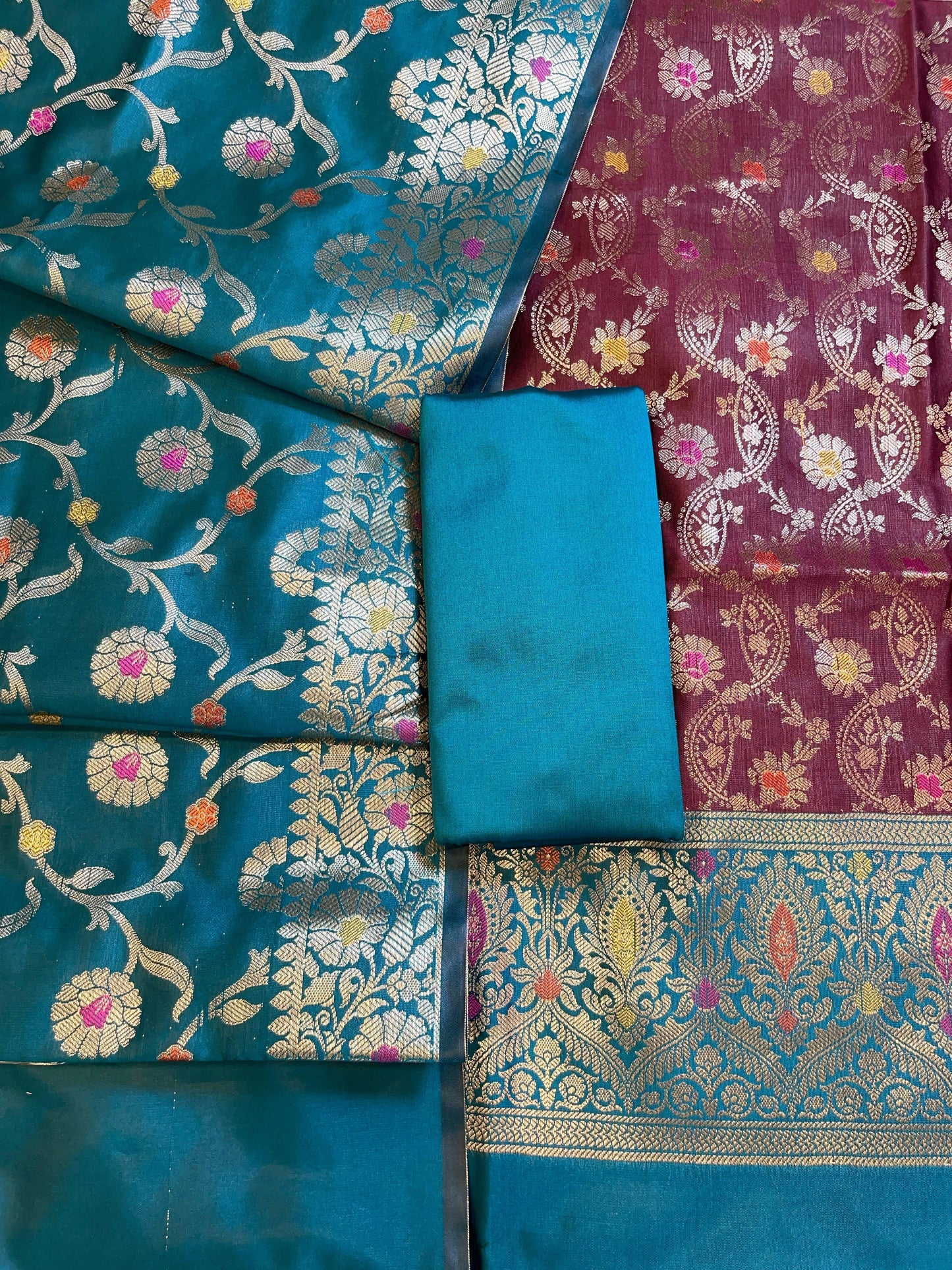 Maroon Art Silk Floral Zari Mina Jaal Contrast Banarasi Suit with Seagreen Dupatta 625AJ_TPT15