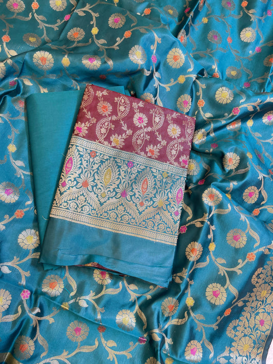 Maroon Art Silk Floral Zari Mina Jaal Contrast Banarasi Suit with Seagreen Dupatta 625AJ_TPT15