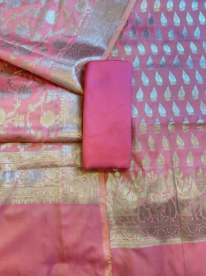 Pink Semi Silk Floral Zari Booti Banarasi 3 pcs Suit Set 900AJ_SK18