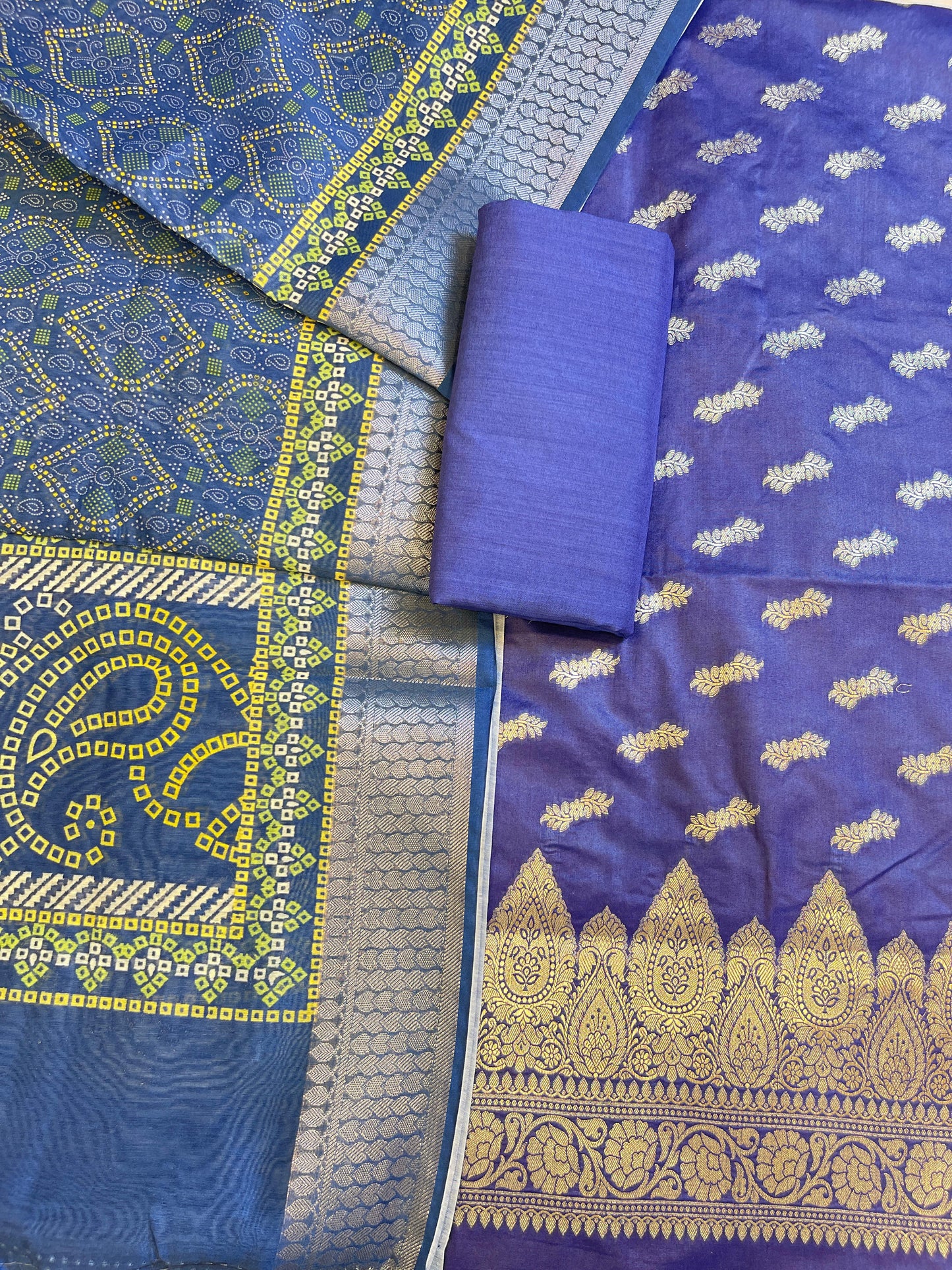 Purple Katan Silk Floral Zari Booti with Cotton Print Dupatta Banarasi 3 pcs Suit Set 1500AJ_KCP1