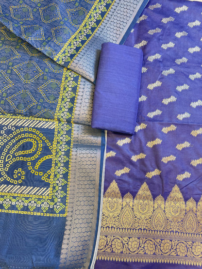 Purple Katan Silk Floral Zari Booti with Cotton Print Dupatta Banarasi 3 pcs Suit Set 1500AJ_KCP1