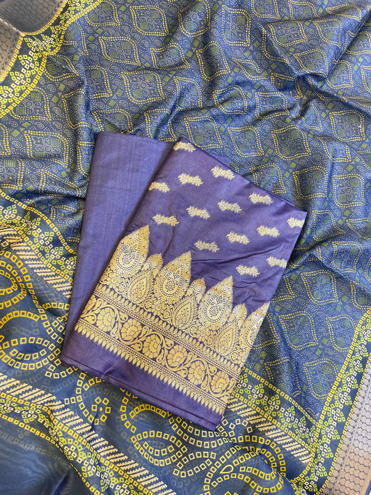 Purple Katan Silk Floral Zari Booti with Cotton Print Dupatta Banarasi 3 pcs Suit Set 1500AJ_KCP1