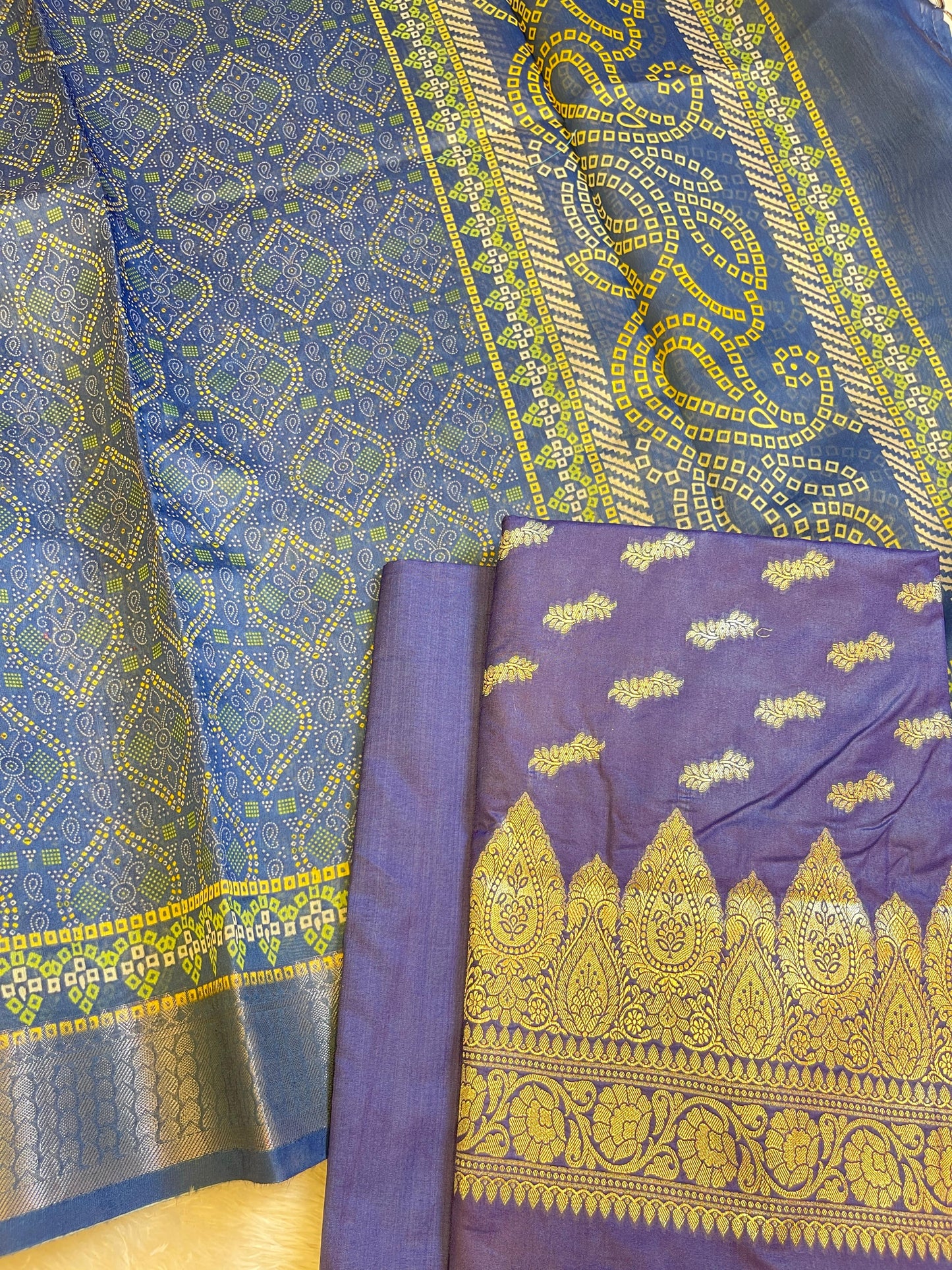 Purple Katan Silk Floral Zari Booti with Cotton Print Dupatta Banarasi 3 pcs Suit Set 1500AJ_KCP1