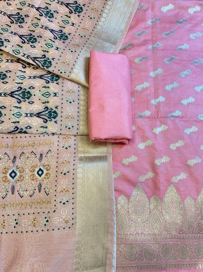 Pink Katan Silk Floral Zari Booti with Cotton Print Dupatta Banarasi 3 pcs Suit Set 1500AJ_KCP2