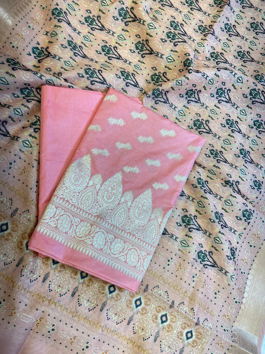 Pink Katan Silk Floral Zari Booti with Cotton Print Dupatta Banarasi 3 pcs Suit Set 1500AJ_KCP2