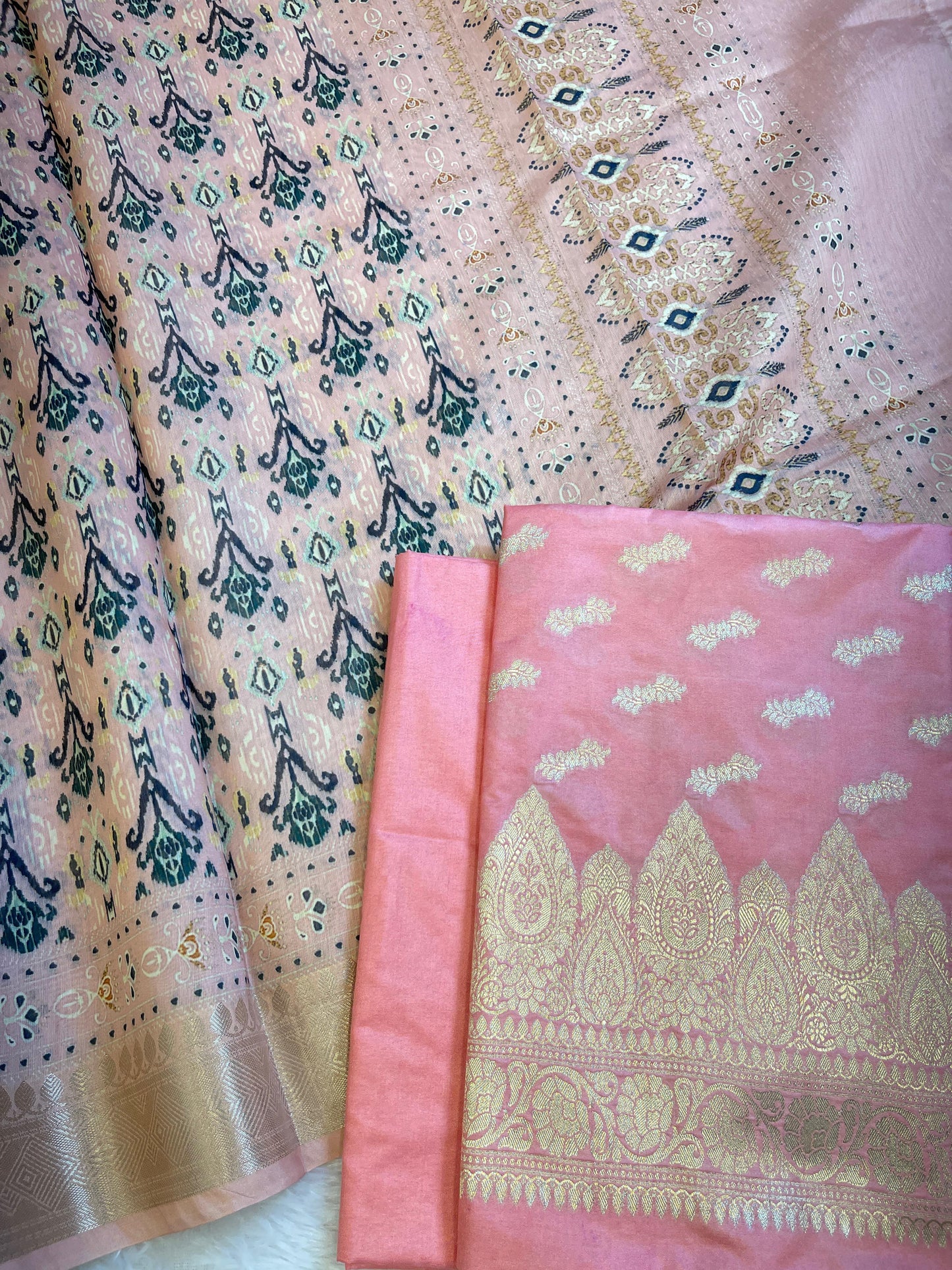 Pink Katan Silk Floral Zari Booti with Cotton Print Dupatta Banarasi 3 pcs Suit Set 1500AJ_KCP2